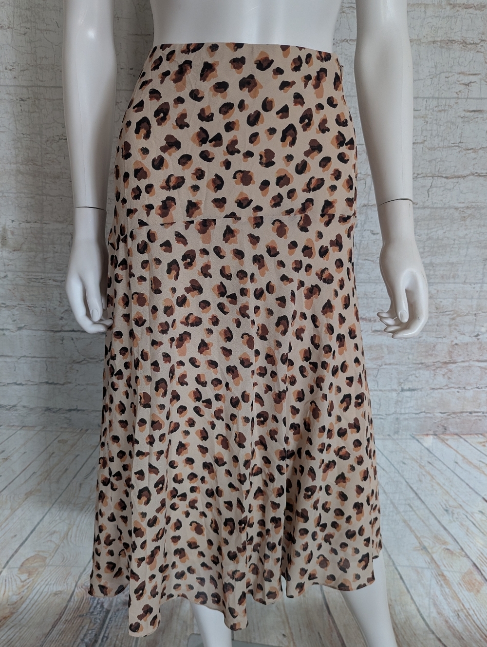 Theory Silk  Beige and Brown Leopard Print Midi Skirt
